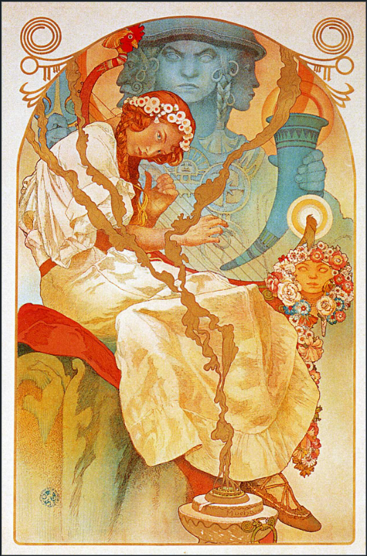 Hand-painted oil painting reproduction of Alphonse Mucha's VIII Slavic Song Festival poster featuring a maiden plucking a lyre in front of a blue deity statue