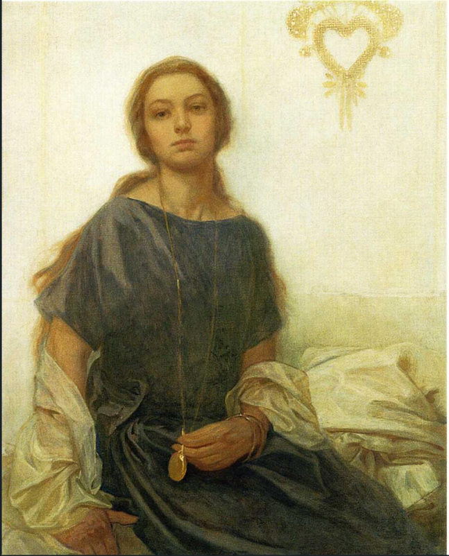 Hand-painted oil painting reproduction of Alphonse Mucha's Portrait of Jaroslava featuring his daughter in a blue dress holding a gold locket
