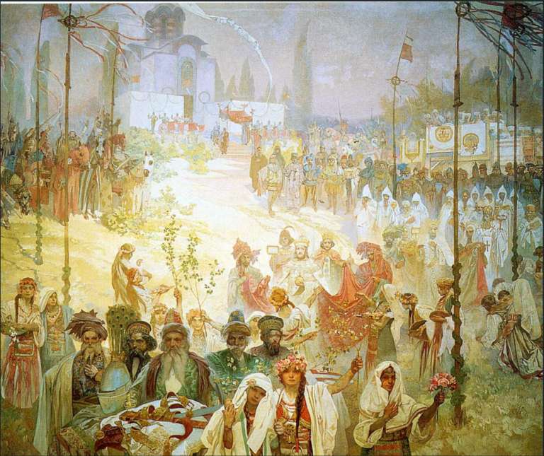 Hand-painted oil painting reproduction of Alphonse Mucha's The Coronation of Tsar Dušan featuring a grand royal procession before a Byzantine cathedral