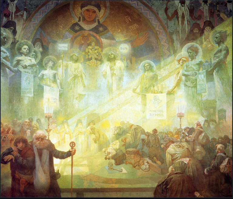 Hand-painted oil painting reproduction of Alphonse Mucha's Mount Athos featuring a golden-lit Orthodox sanctuary beneath a mosaic Madonna halo