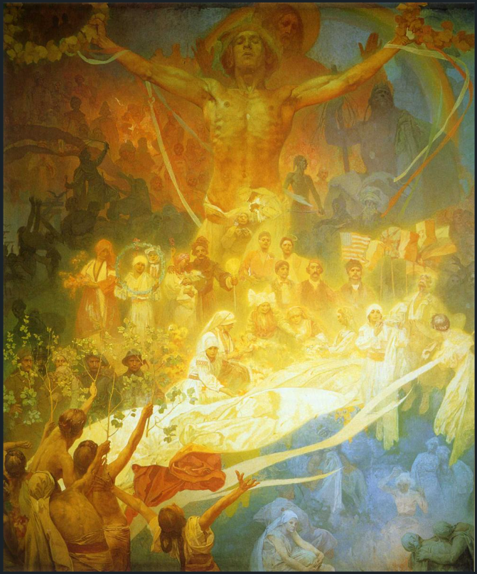 Hand-painted oil painting reproduction of Alphonse Mucha's The Apotheosis of the Slavs featuring a triumphant youth with outstretched arms beneath a golden rainbow