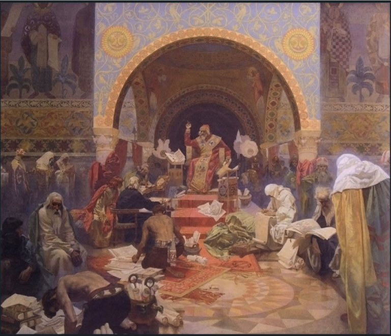 Hand-painted oil painting reproduction of Alphonse Mucha's Tsar Simeon I featuring scholars translating manuscripts in a golden Byzantine hall