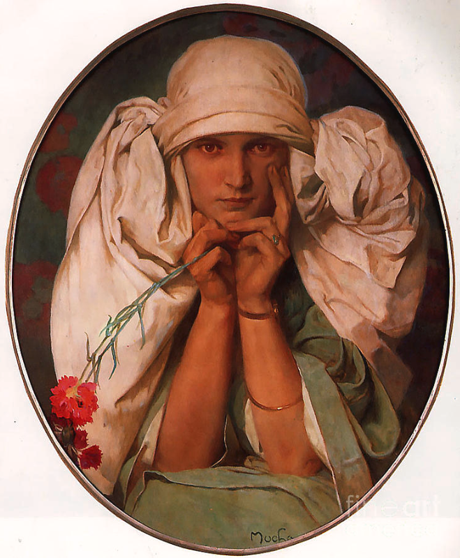 Hand-painted oil painting reproduction of Alphonse Mucha's Moravian Girl featuring a woman in white folk headwear holding a red carnation within an oval frame