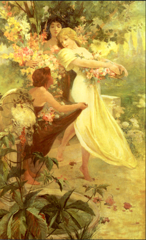 Hand-painted oil painting reproduction of Alphonse Mucha's Gathering Flowers featuring three maidens gathering blossoms in a sunlit garden